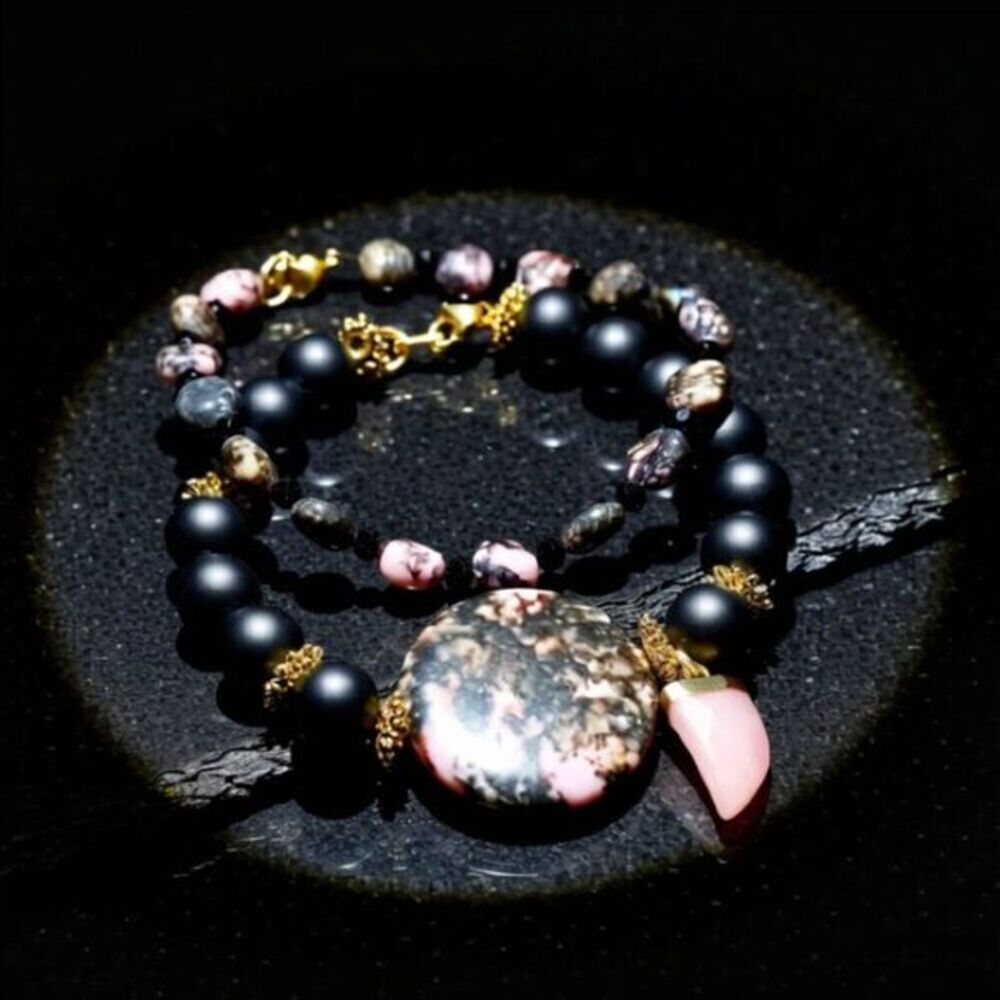 2x Rhodonite Stack Bracelet Set! Statement Bracelet Set 7.5" ~ Pink & Black!